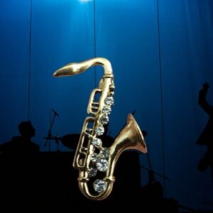 Gold Saxophone Brooch with Clear Crystals - Women's Jewelry
